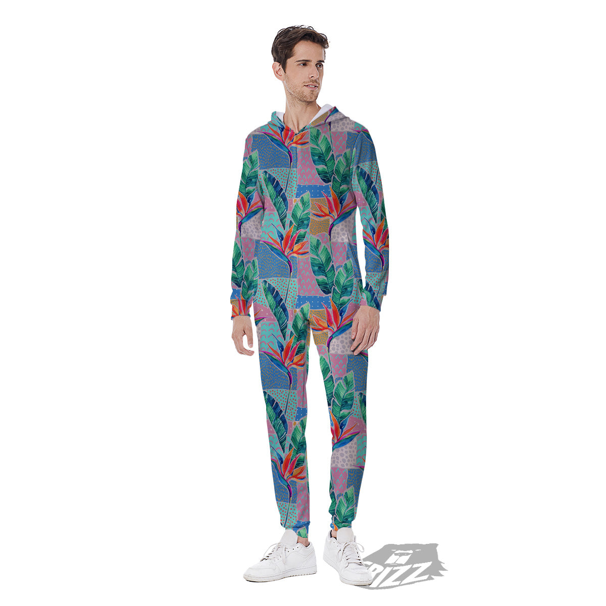 Hand Drawn Watercolor Tropical Print Pattern Men's Jumpsuit-grizzshop