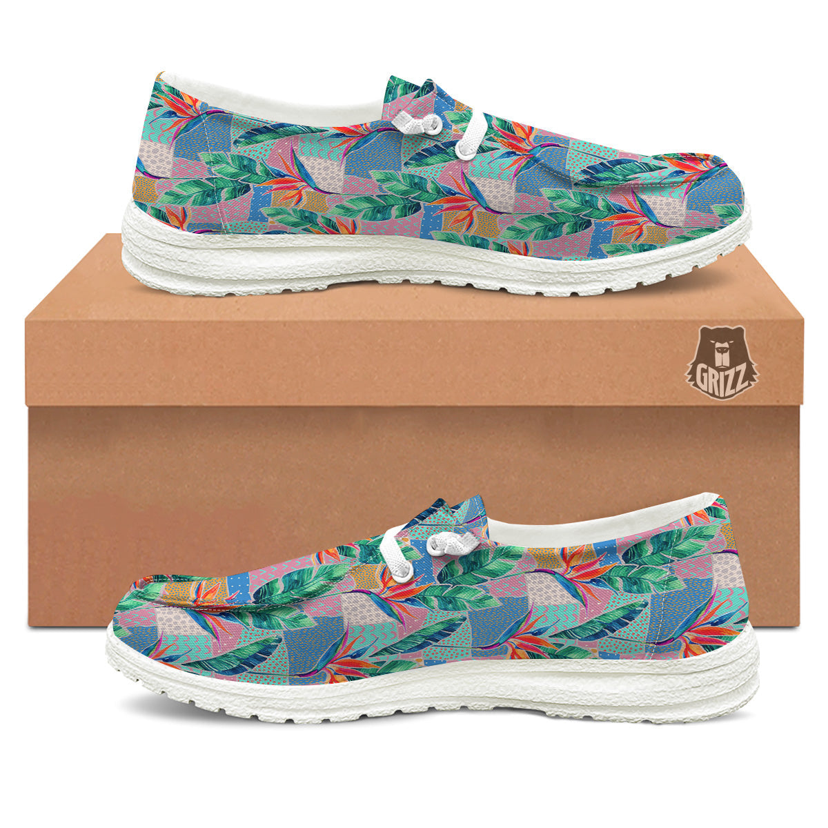 Hand Drawn Watercolor Tropical Print Pattern White Loafers-grizzshop