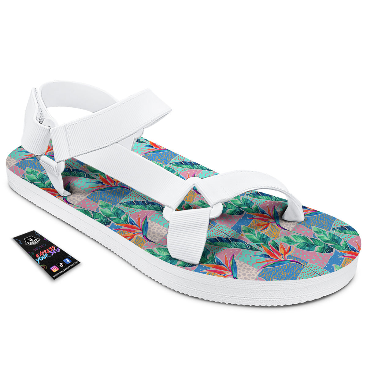 Hand Drawn Watercolor Tropical Print Pattern White Open Toe Sandals-grizzshop