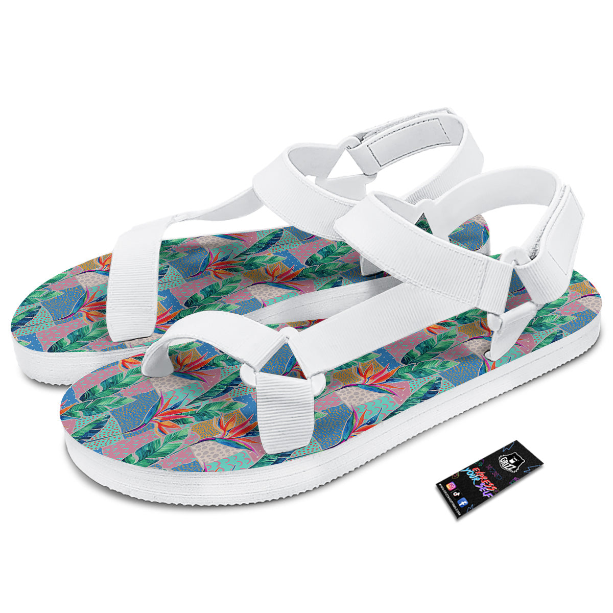Hand Drawn Watercolor Tropical Print Pattern White Open Toe Sandals-grizzshop
