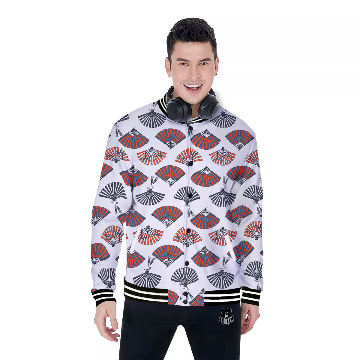 Hand Fan Japanese Print Pattern Baseball Jacket-grizzshop