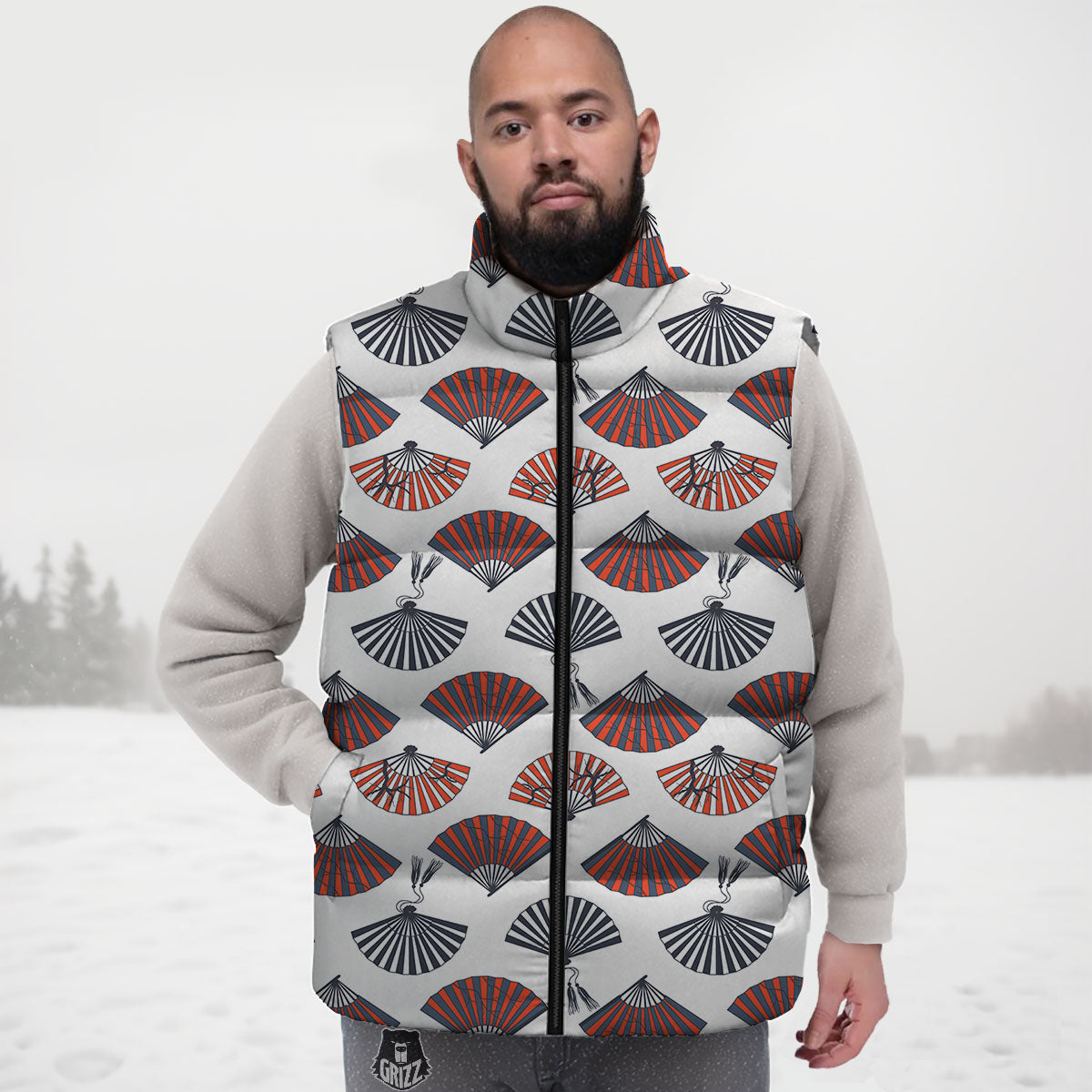 Hand Fan Japanese Print Pattern Down Vest