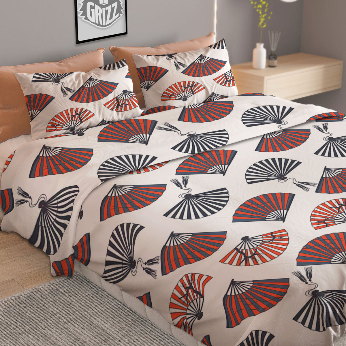 Hand Fan Japanese Print Pattern Duvet Cover Bedding Set
