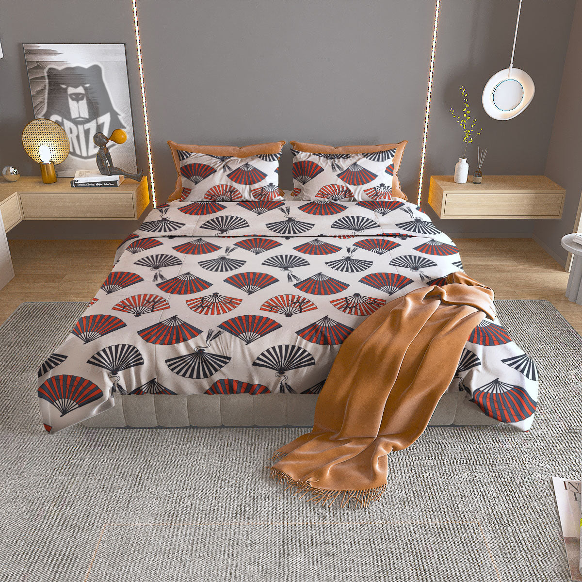 Hand Fan Japanese Print Pattern Duvet Cover Bedding Set