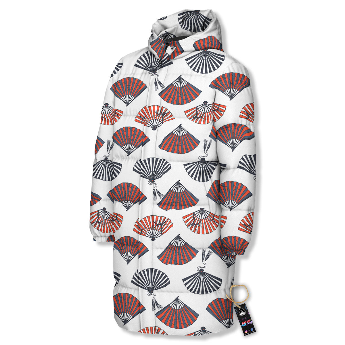 Hand Fan Japanese Print Pattern Long Down Jacket-grizzshop