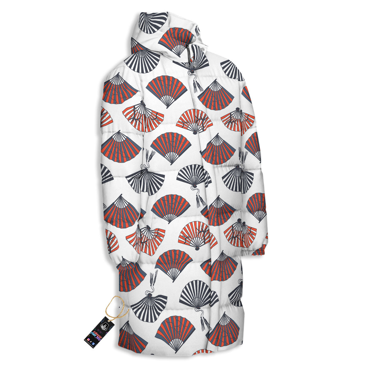 Hand Fan Japanese Print Pattern Long Down Jacket-grizzshop
