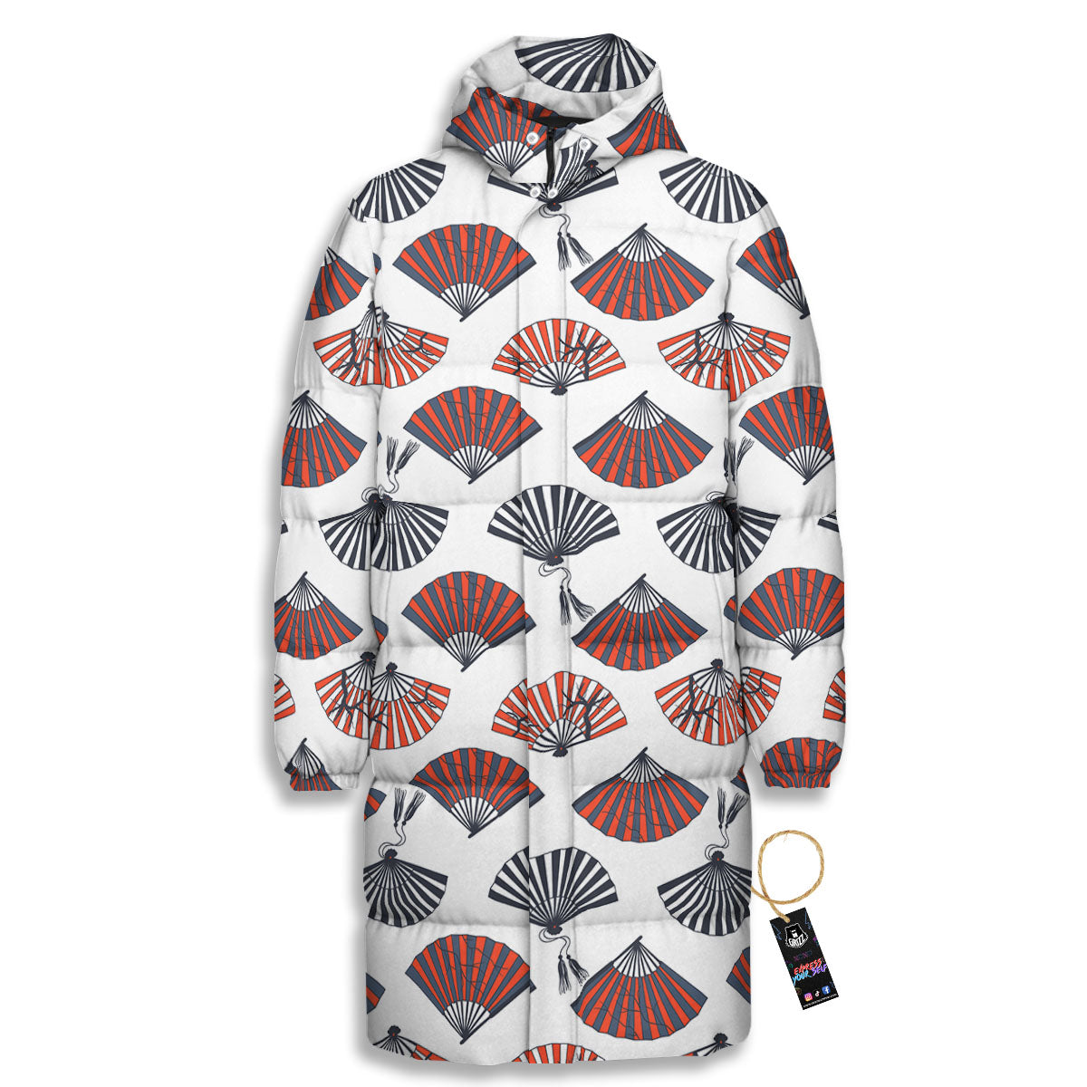 Hand Fan Japanese Print Pattern Long Down Jacket-grizzshop