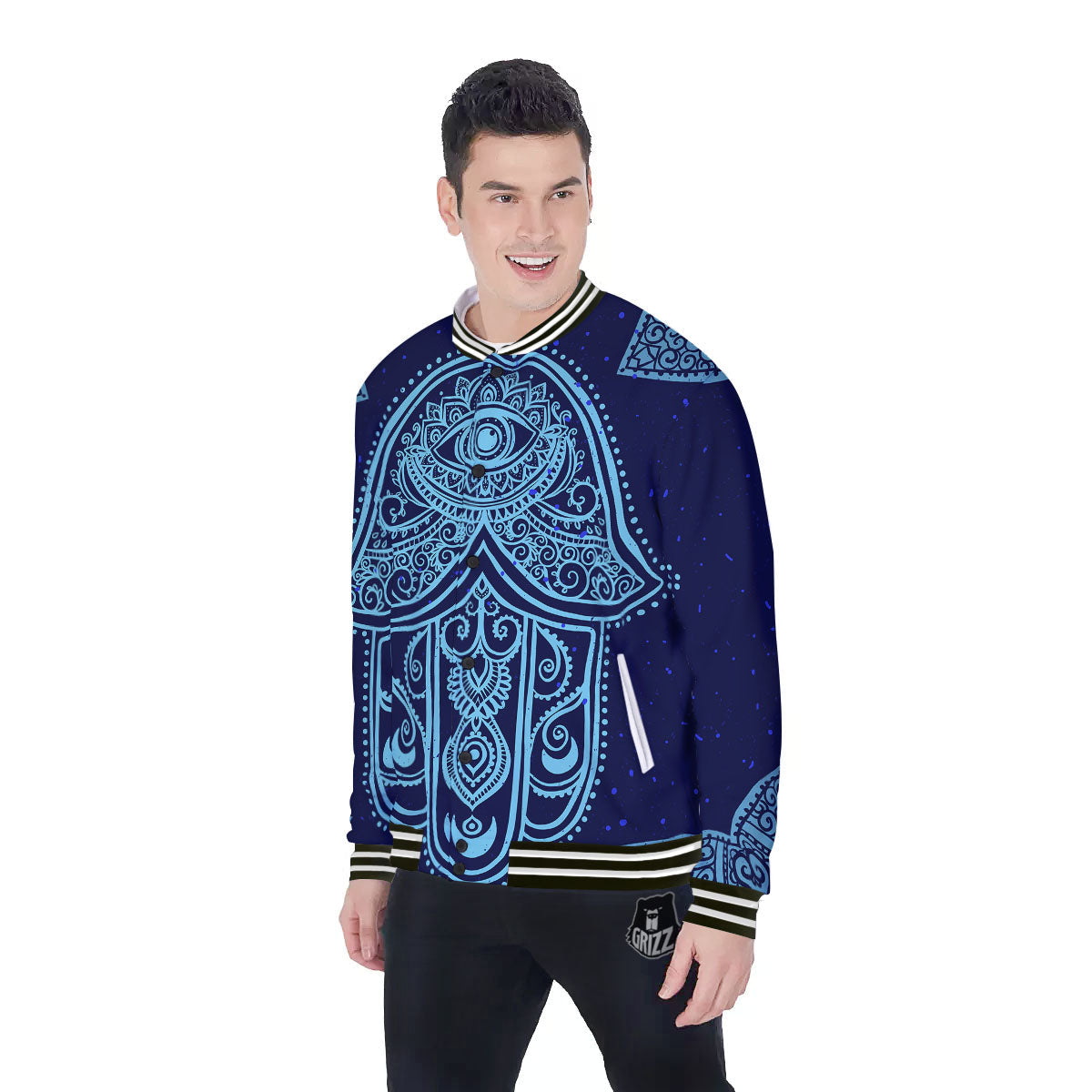 Hand Indian Hamsa Print Baseball Jacket-grizzshop