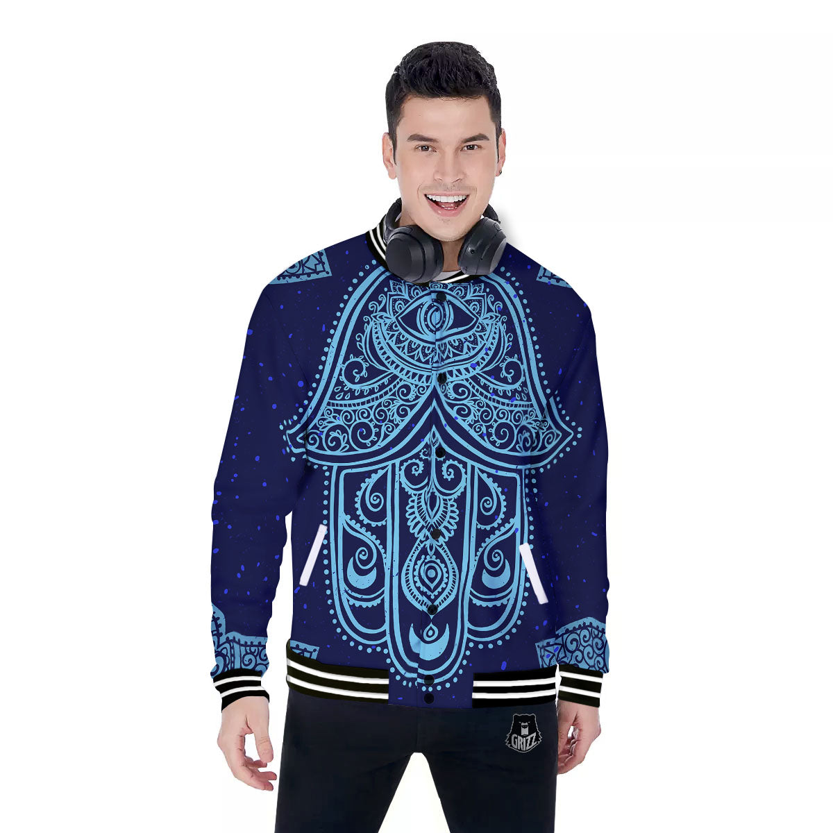 Hand Indian Hamsa Print Baseball Jacket-grizzshop