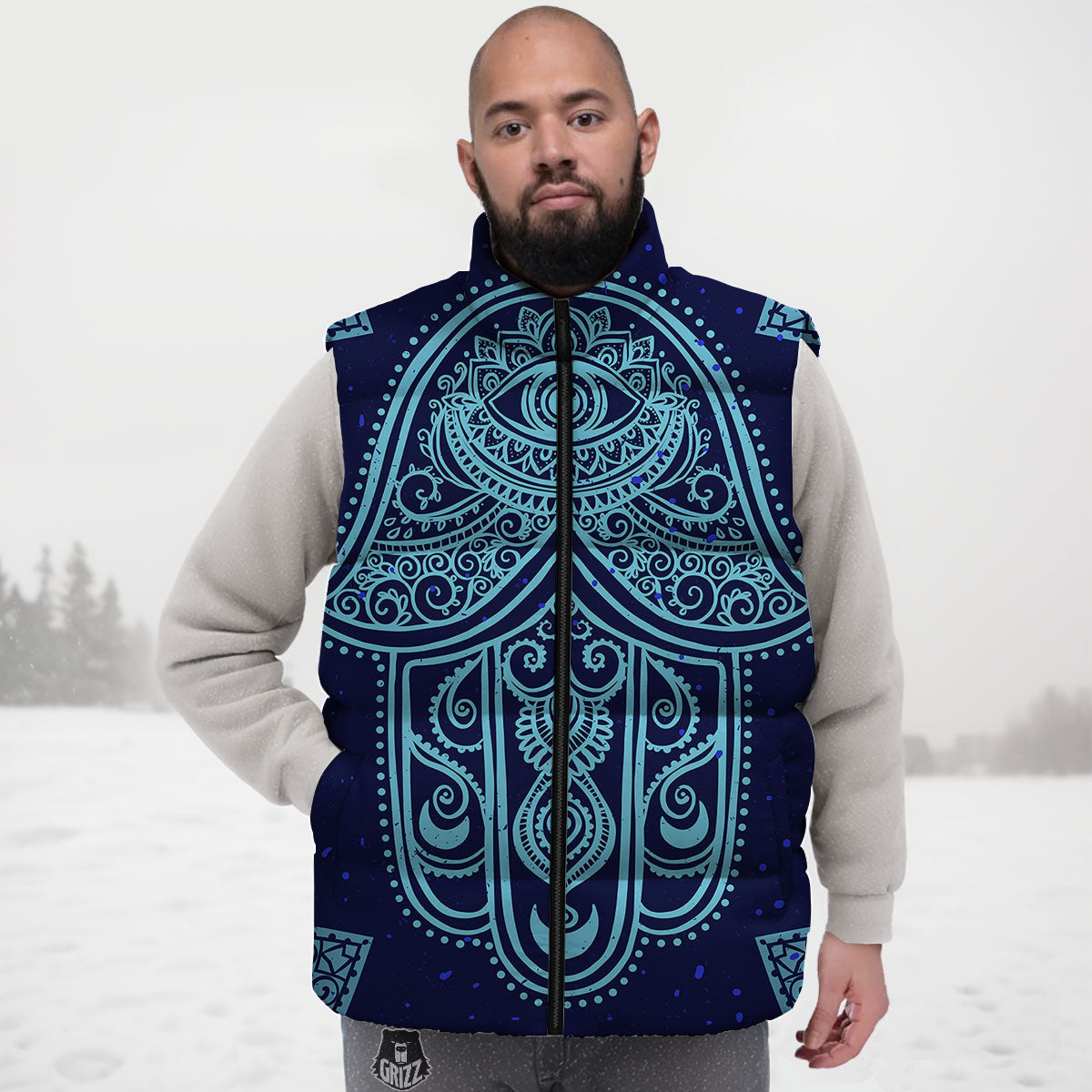 Hand Indian Hamsa Print Down Vest