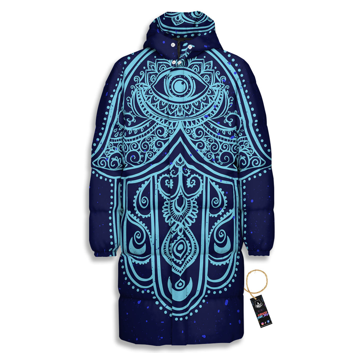 Hand Indian Hamsa Print Long Down Jacket-grizzshop