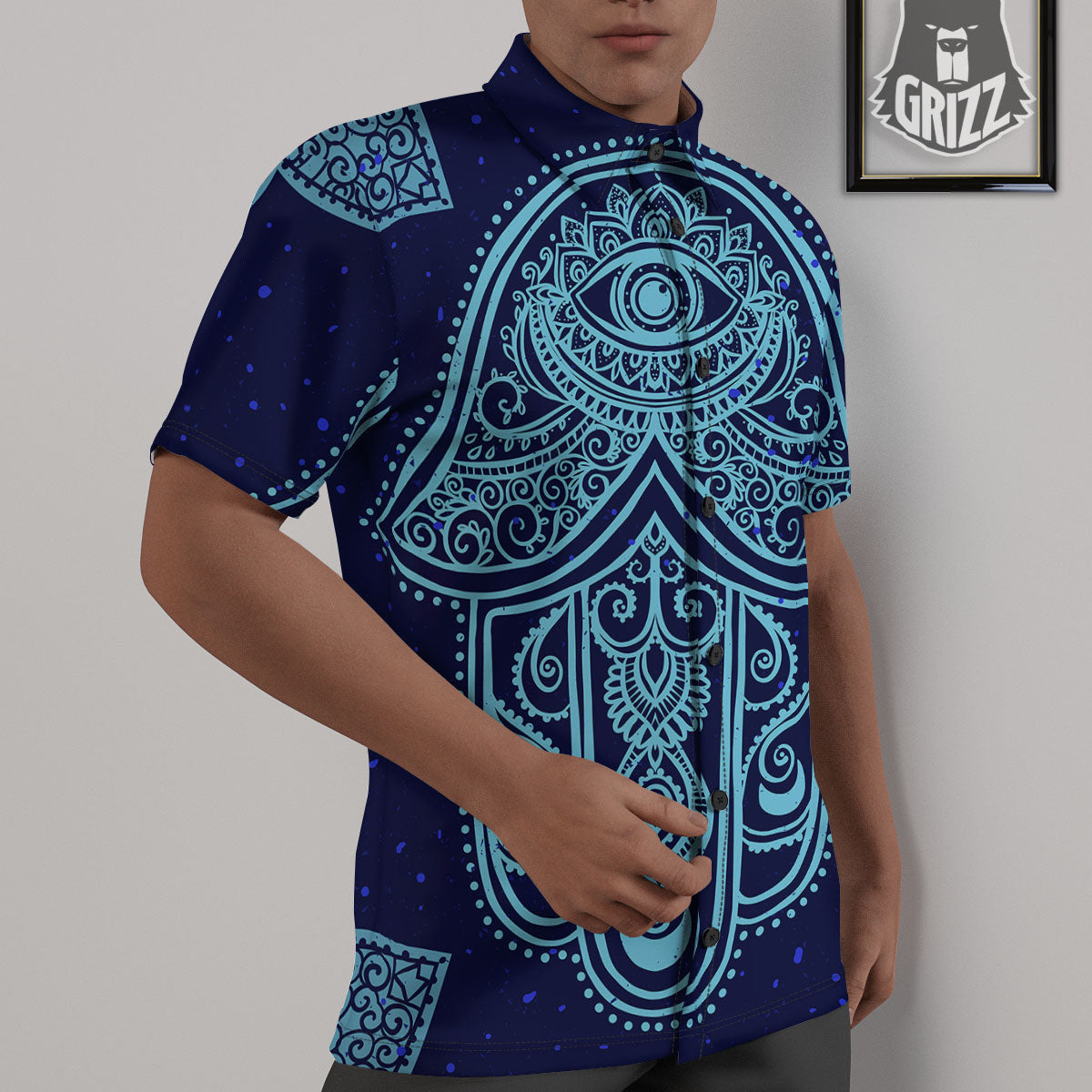 Hand Indian Hamsa Print Untucked Shirts-grizzshop
