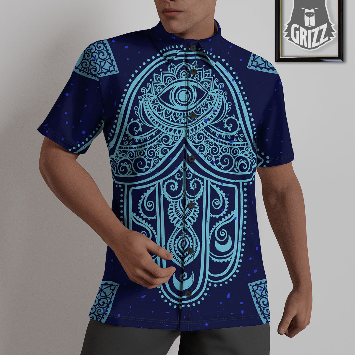Hand Indian Hamsa Print Untucked Shirts-grizzshop