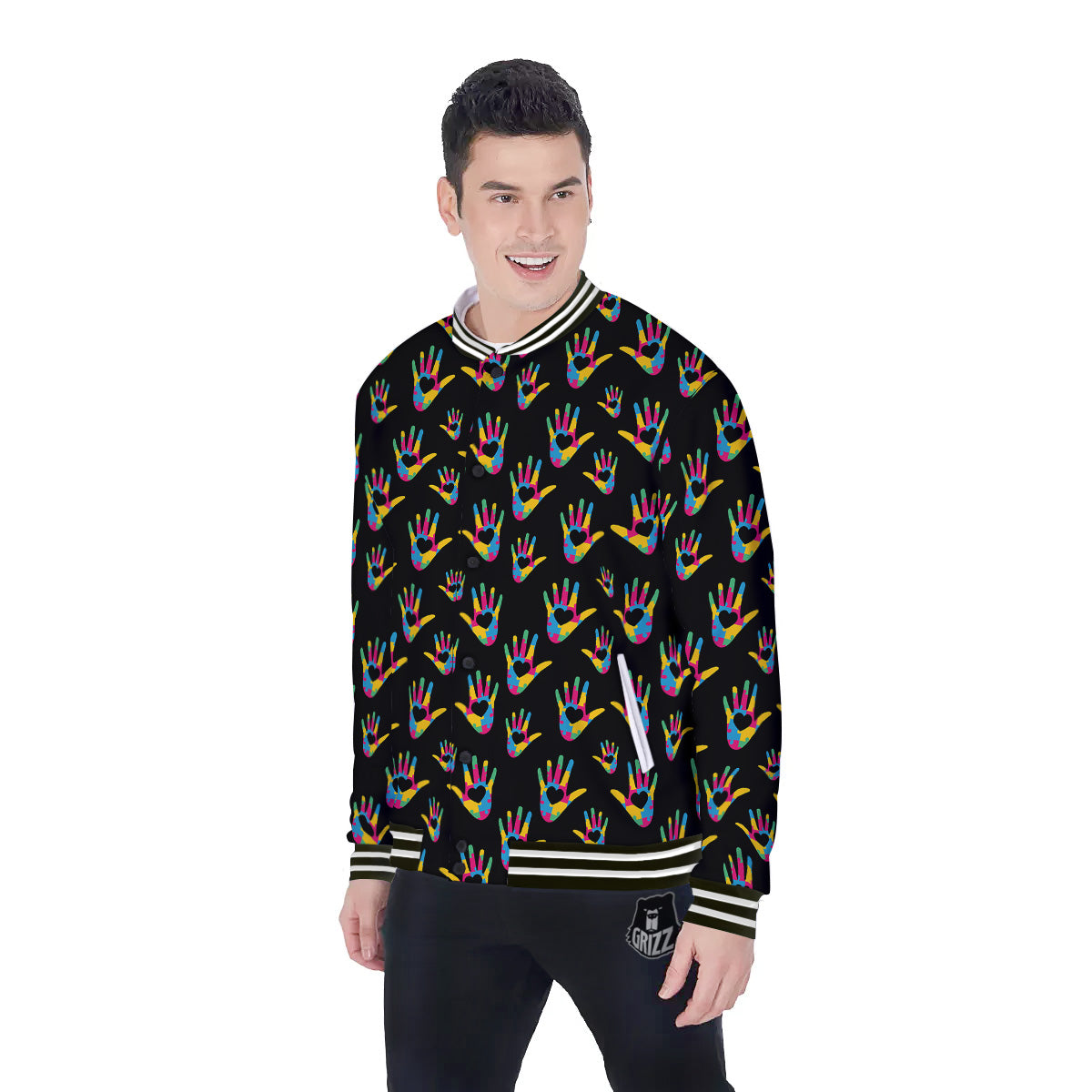Hand Shaped Autism Day Print Pattern Baseball Jacket-grizzshop