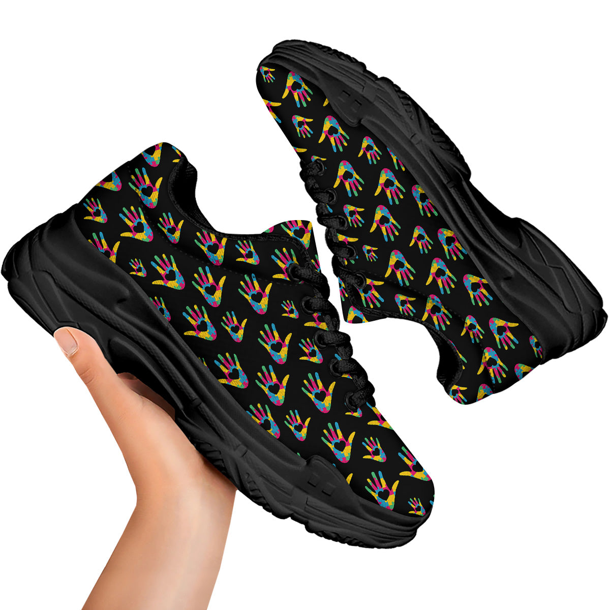 Hand Shaped Autism Day Print Pattern Black Chunky Shoes-grizzshop