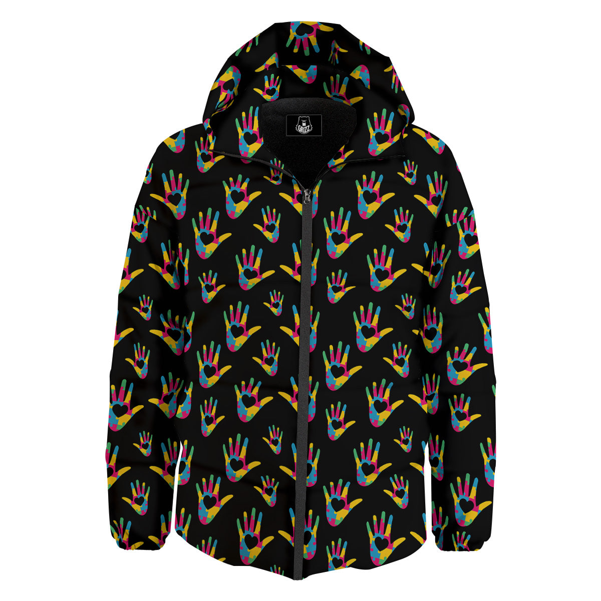 Hand Shaped Autism Day Print Pattern Down Jacket-grizzshop