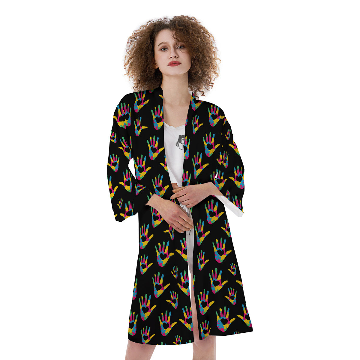 Hand Shaped Autism Day Print Pattern Kimono-grizzshop