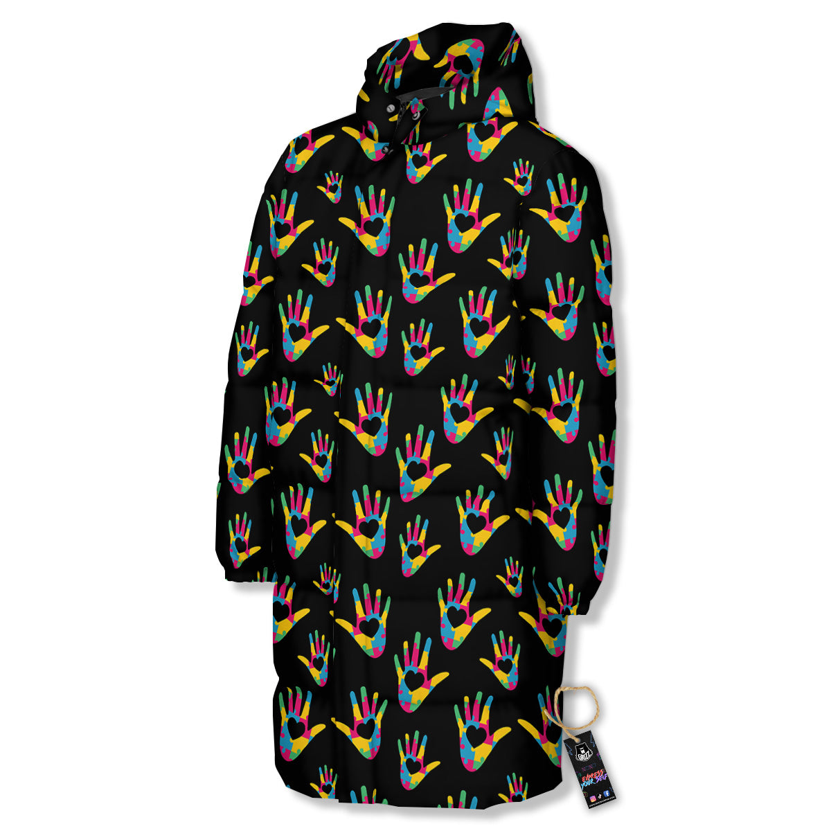 Hand Shaped Autism Day Print Pattern Long Down Jacket-grizzshop