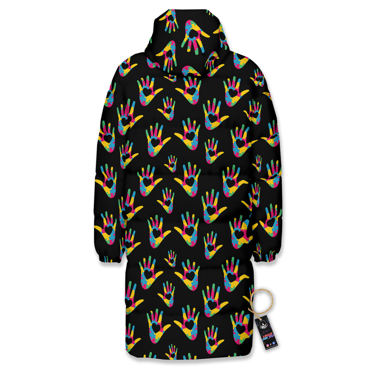 Hand Shaped Autism Day Print Pattern Long Down Jacket-grizzshop