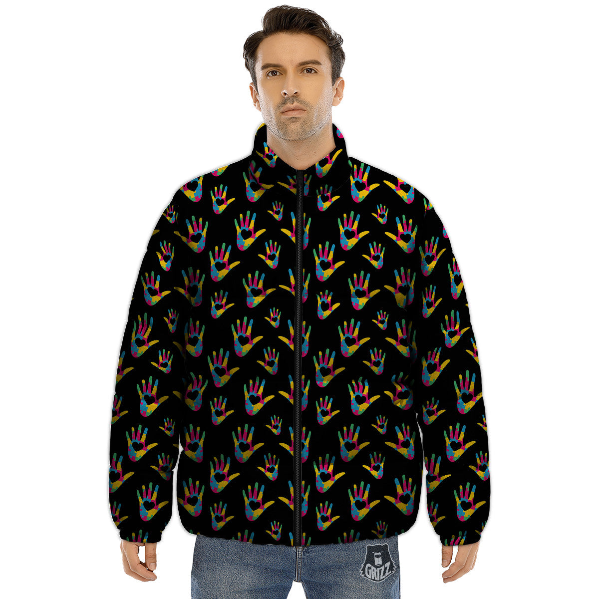 Hand Shaped Autism Day Print Pattern Puffer Jacket-grizzshop