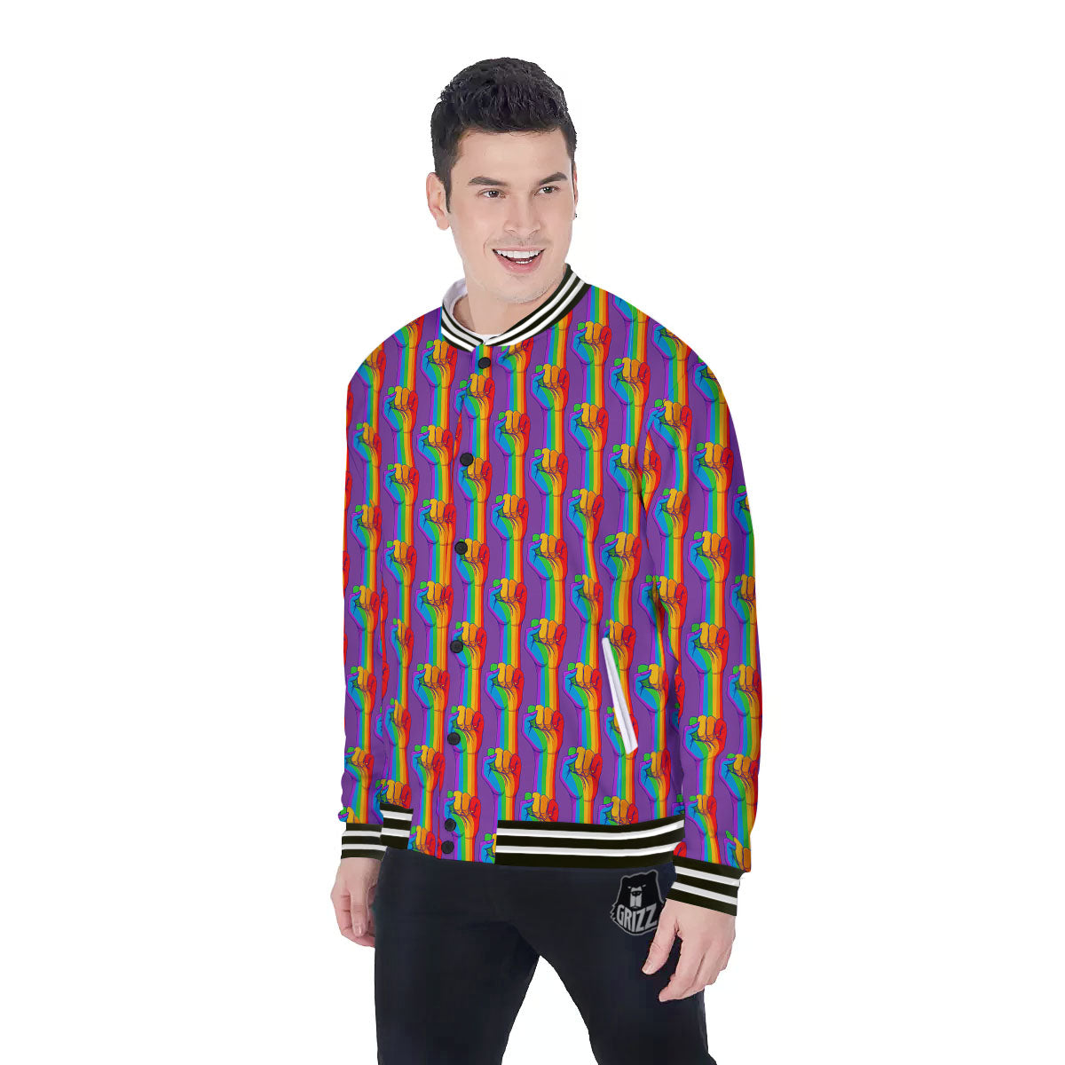 Hand Sign Gay Pride Print Pattern Baseball Jacket-grizzshop