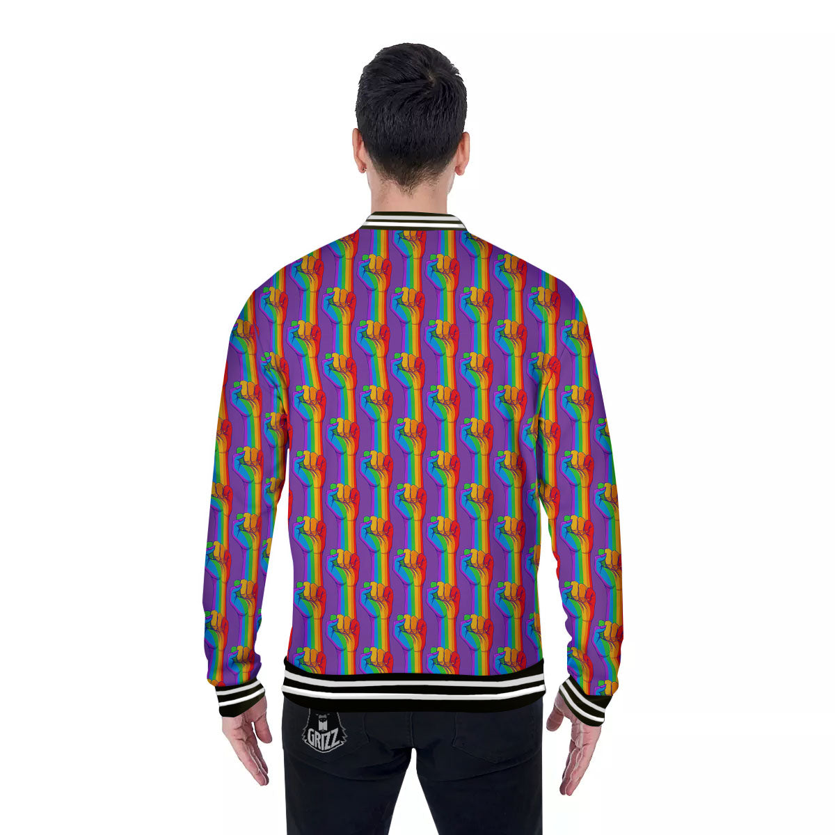 Hand Sign Gay Pride Print Pattern Baseball Jacket-grizzshop