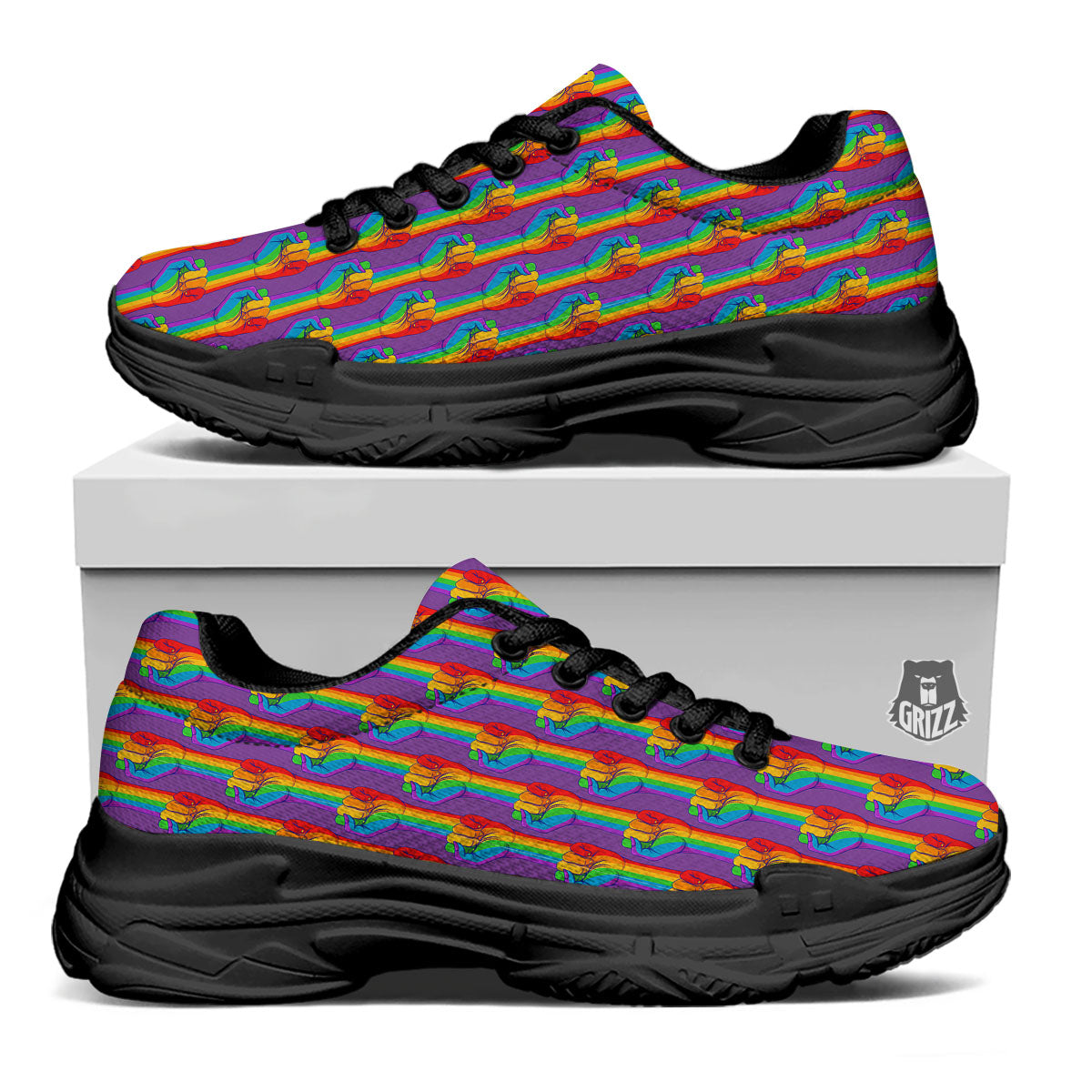 Hand Sign Gay Pride Print Pattern Black Chunky Shoes-grizzshop