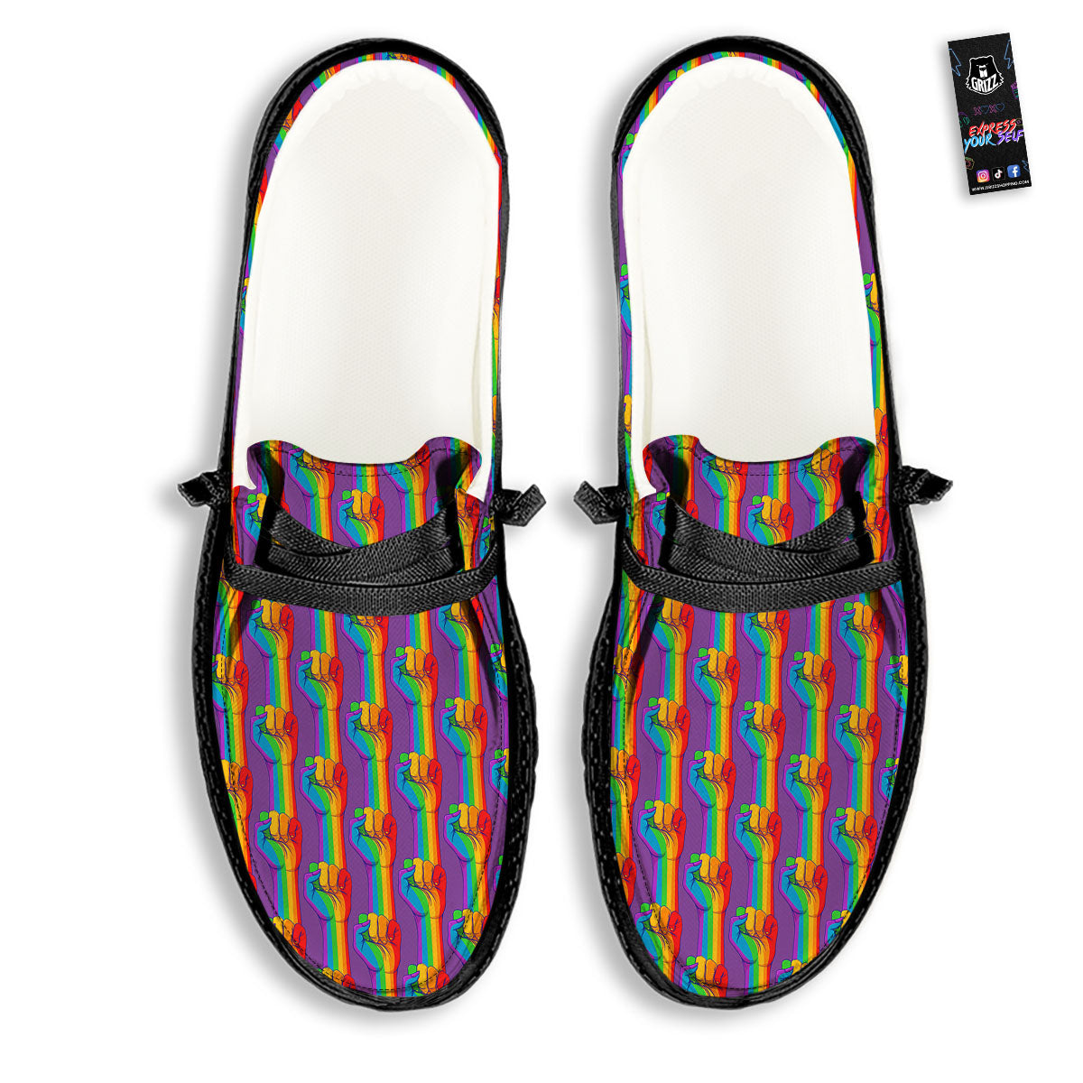 Hand Sign Gay Pride Print Pattern Black Loafers-grizzshop