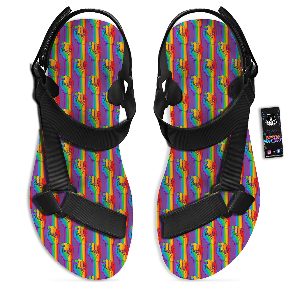 Hand Sign Gay Pride Print Pattern Black Open Toe Sandals-grizzshop