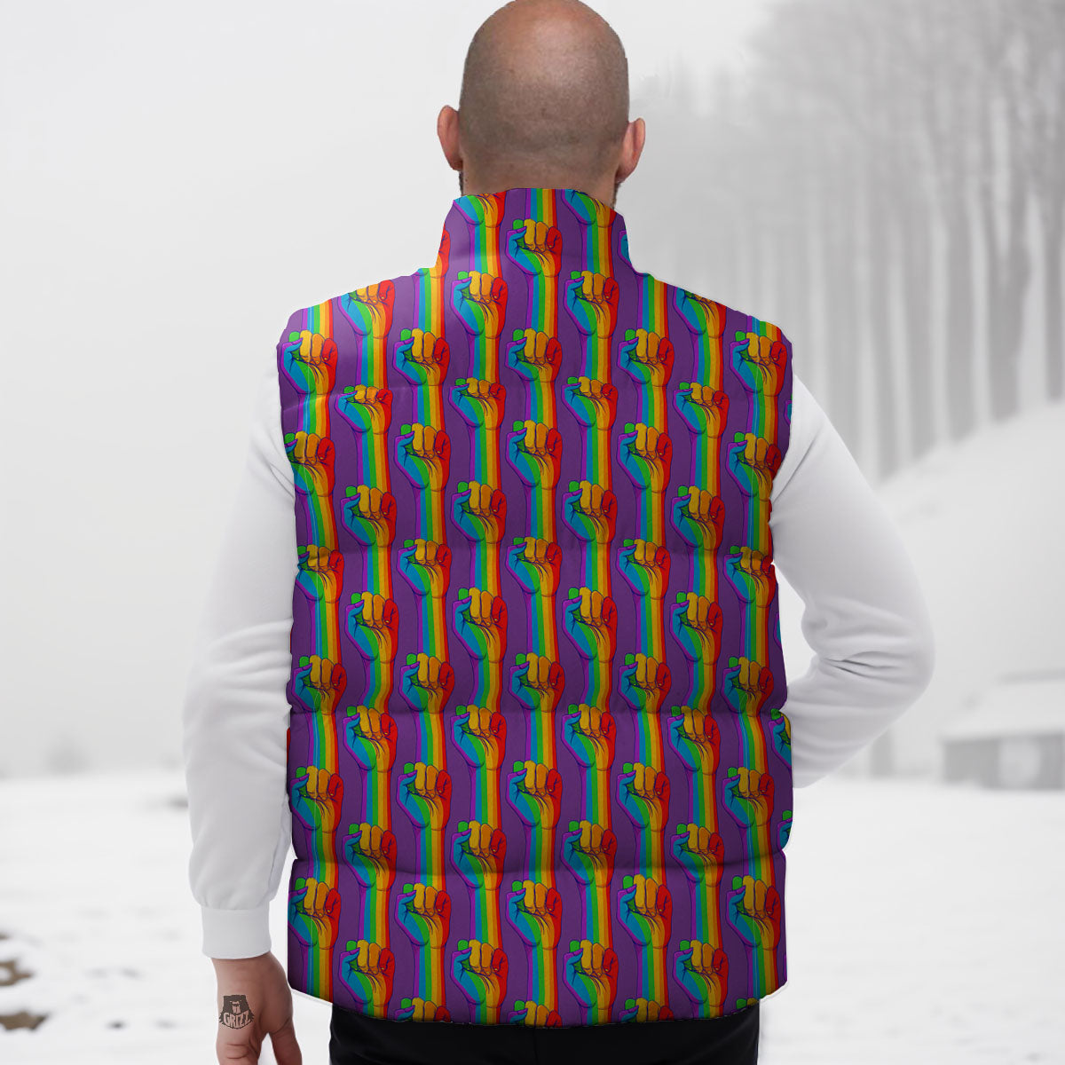 Hand Sign Gay Pride Print Pattern Down Vest