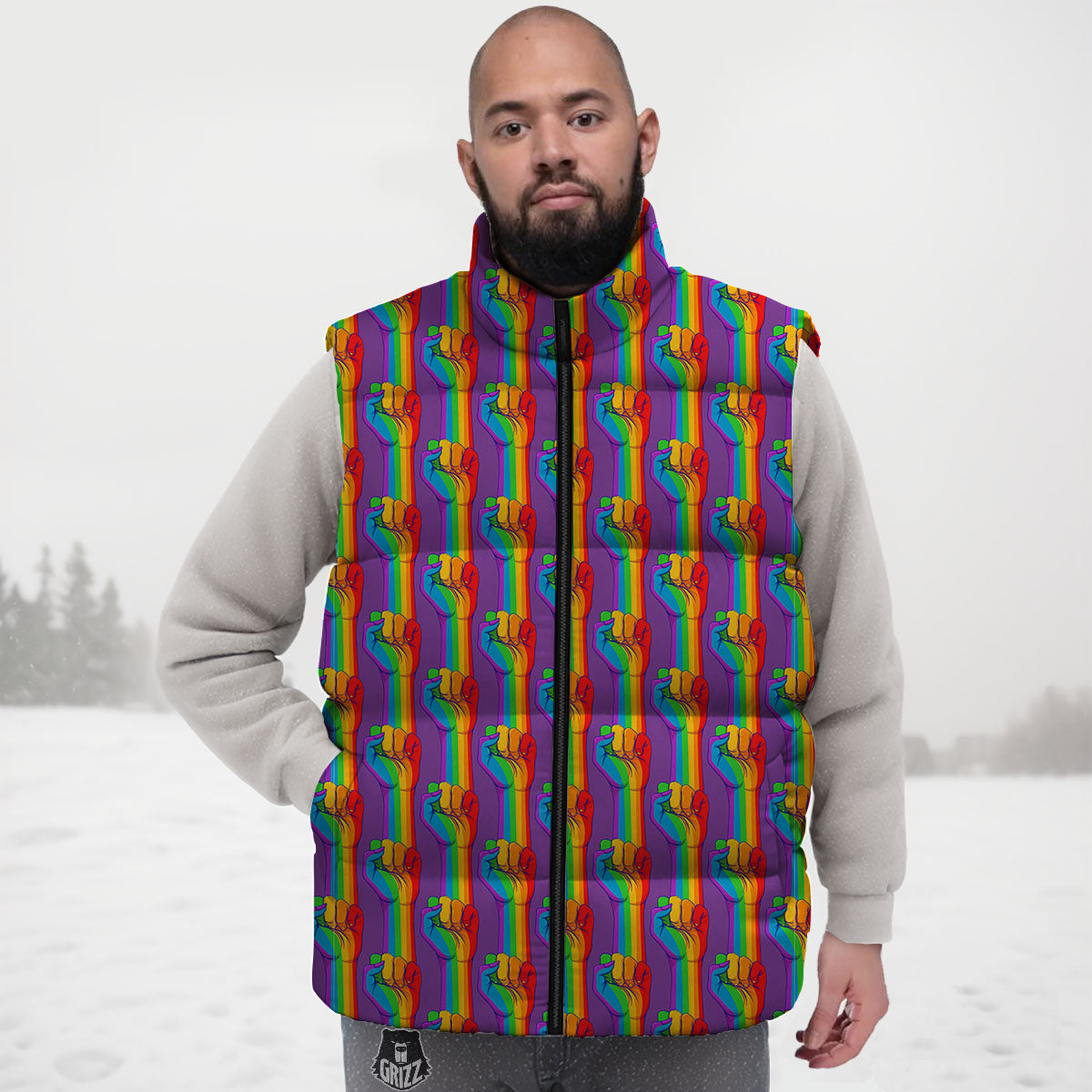 Hand Sign Gay Pride Print Pattern Down Vest