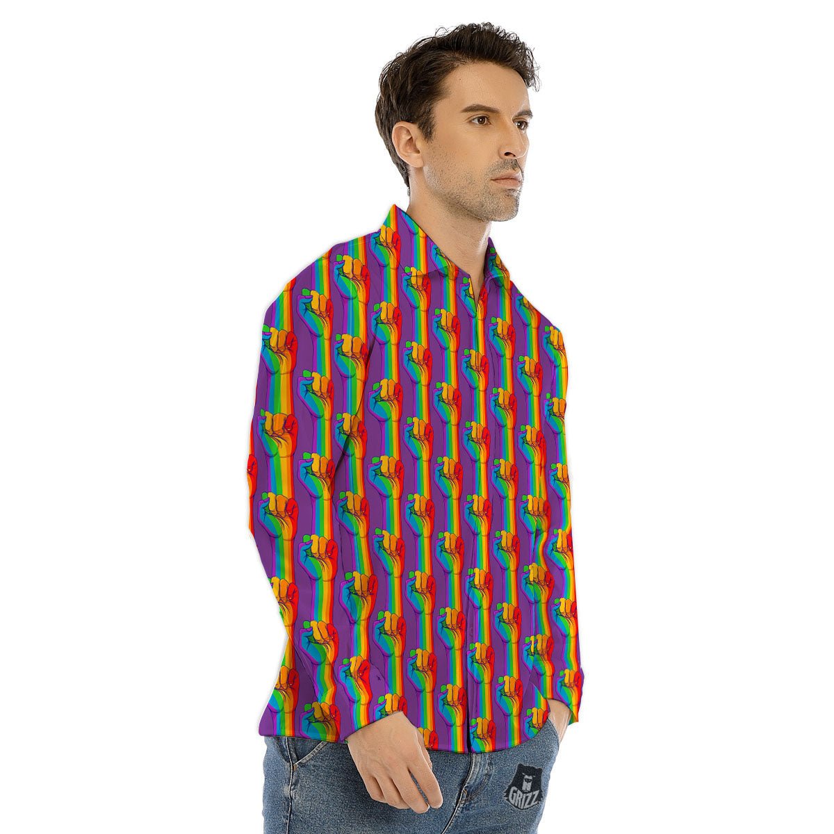 Hand Sign Gay Pride Print Pattern Men's Dress Shirts-grizzshop