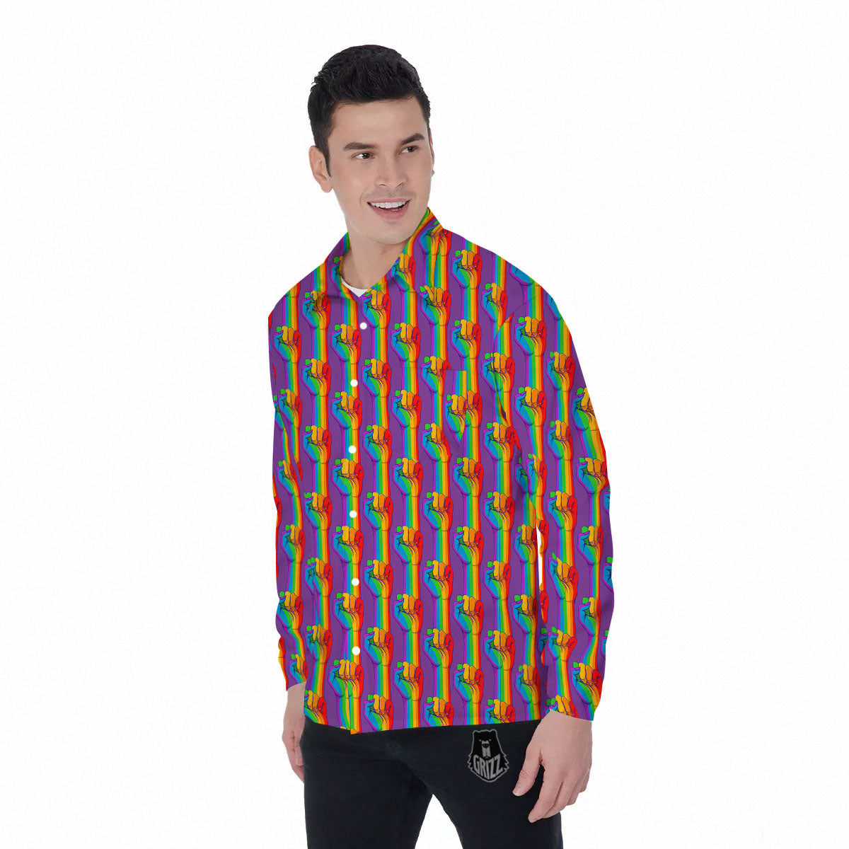 Hand Sign Gay Pride Print Pattern Men's Long Sleeve Shirts-grizzshop