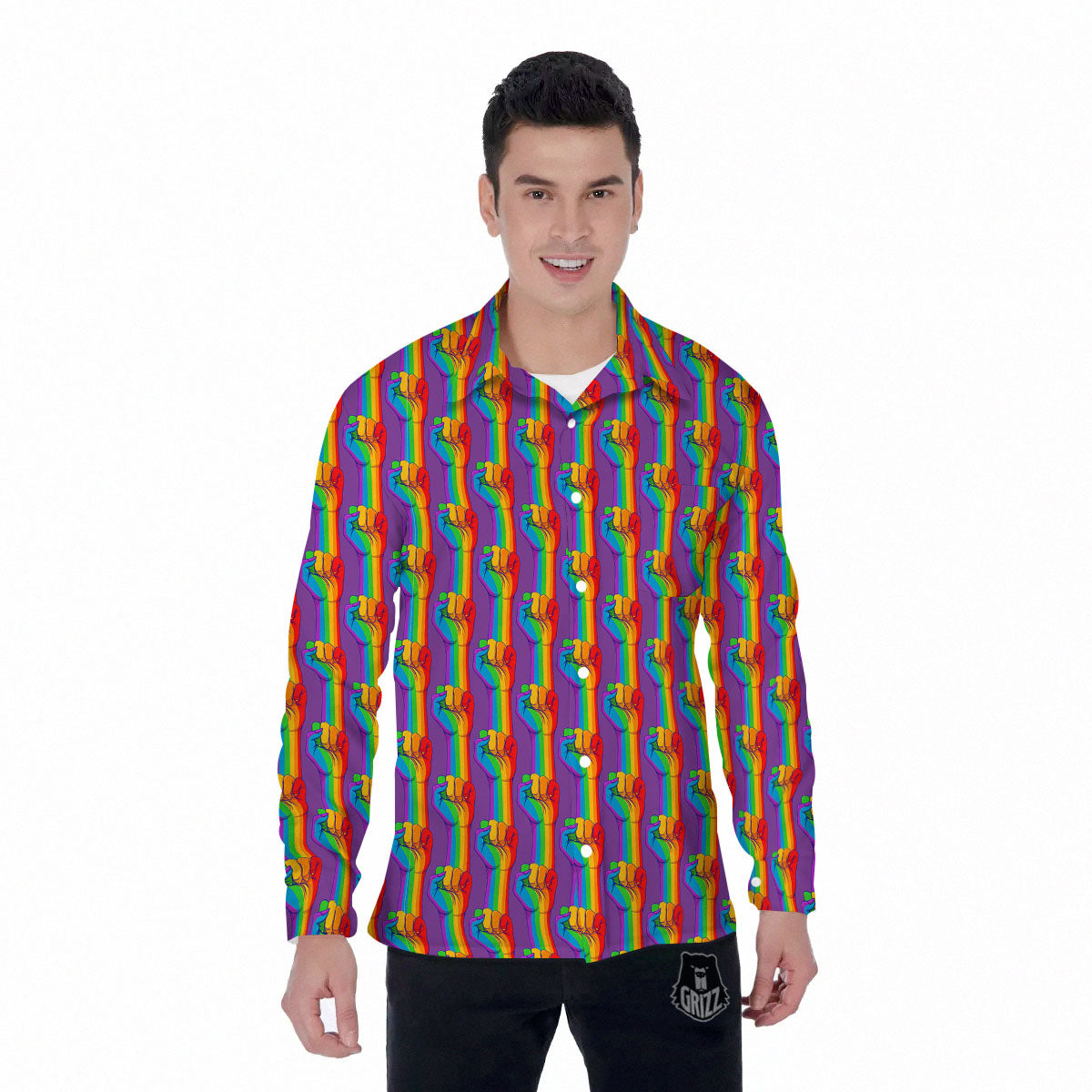 Hand Sign Gay Pride Print Pattern Men's Long Sleeve Shirts-grizzshop