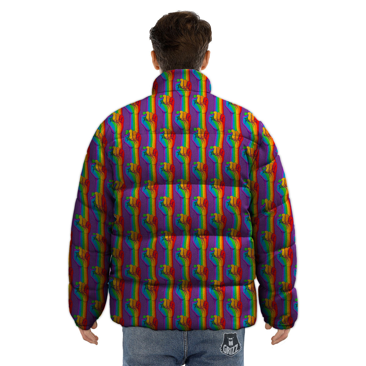 Hand Sign Gay Pride Print Pattern Puffer Jacket-grizzshop