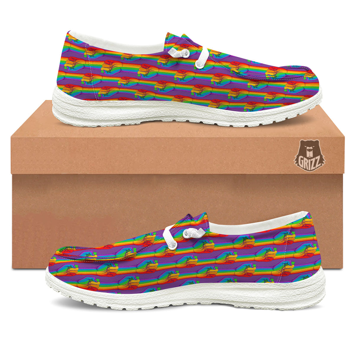 Hand Sign Gay Pride Print Pattern White Loafers-grizzshop