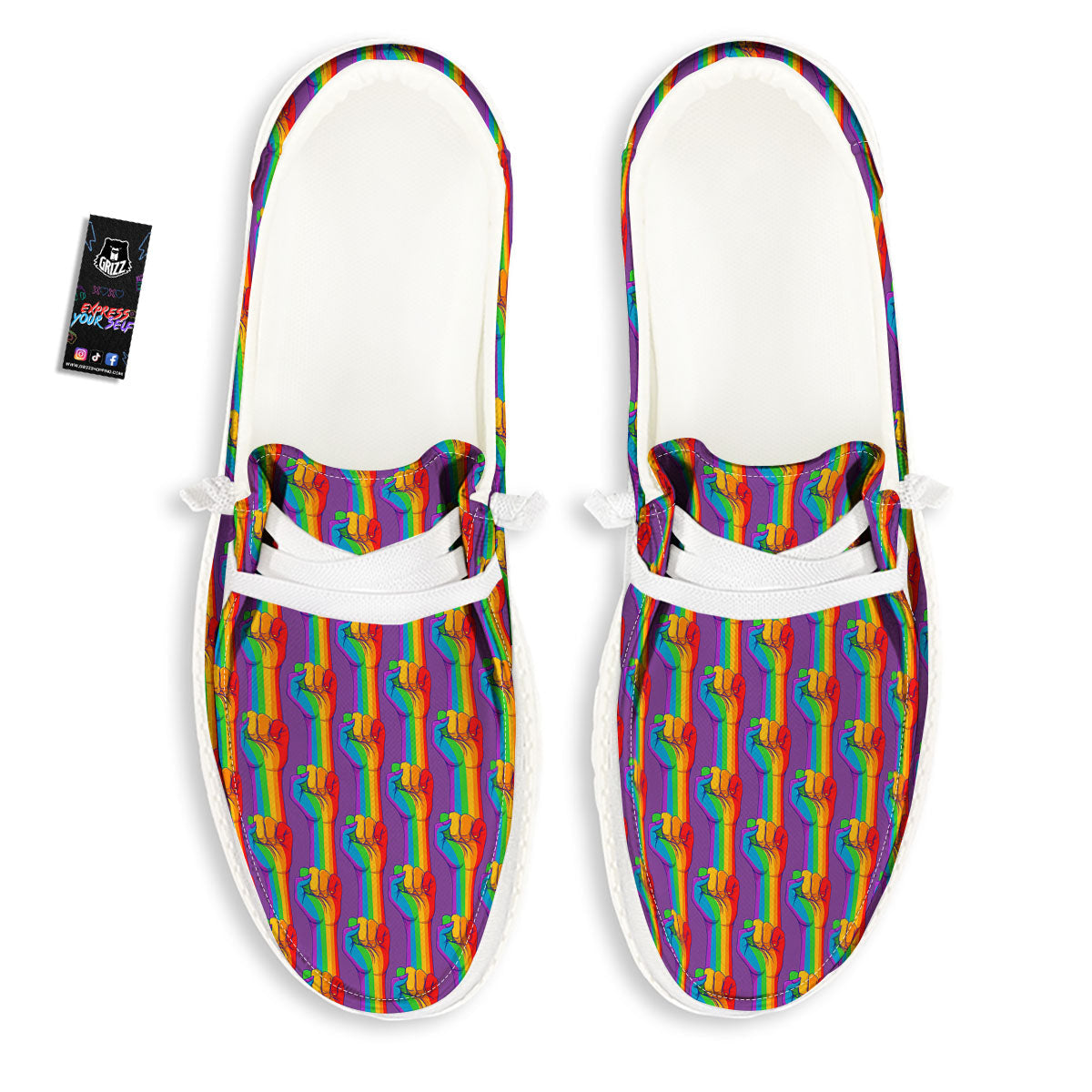 Hand Sign Gay Pride Print Pattern White Loafers-grizzshop