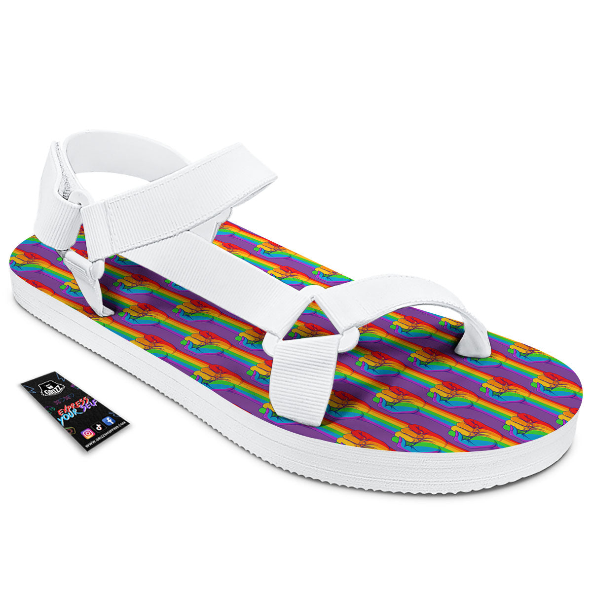 Hand Sign Gay Pride Print Pattern White Open Toe Sandals-grizzshop