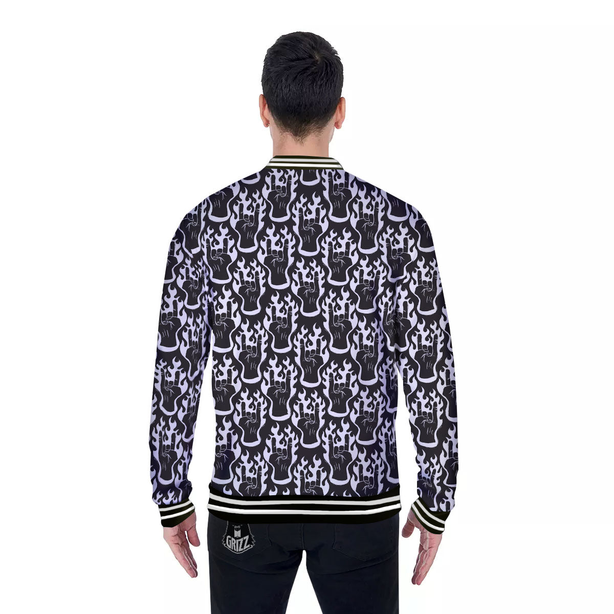 Hand Sign Rock And Roll Print Pattern Baseball Jacket-grizzshop