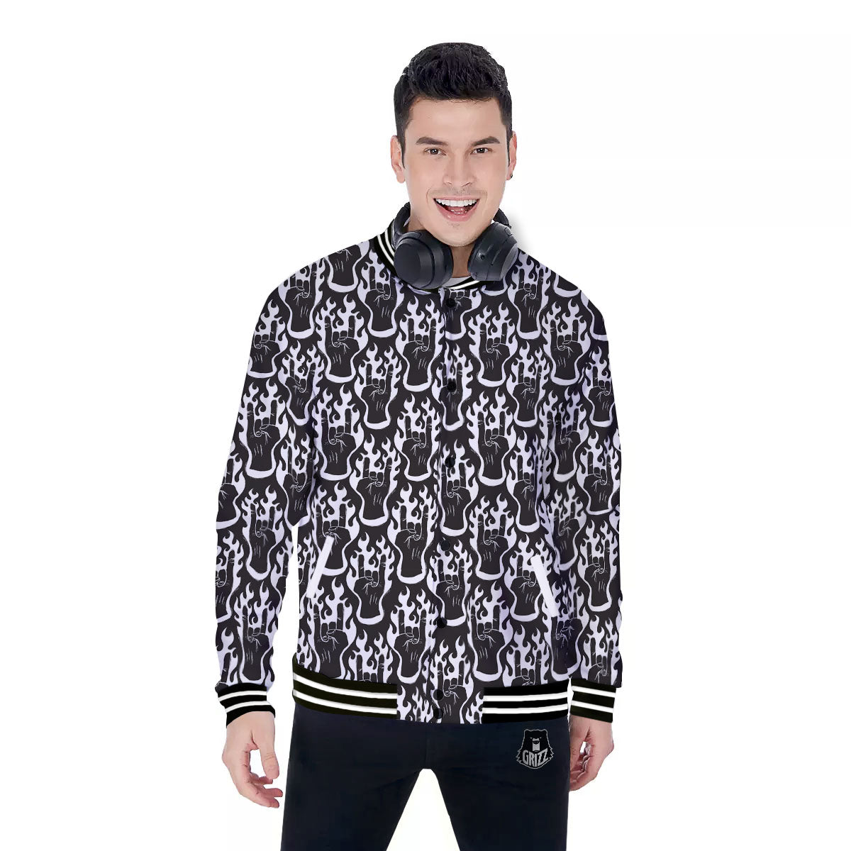 Hand Sign Rock And Roll Print Pattern Baseball Jacket-grizzshop