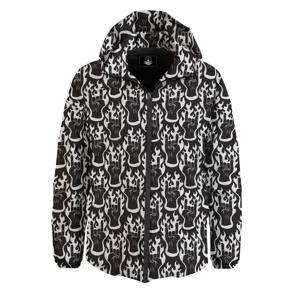 Hand Sign Rock And Roll Print Pattern Down Jacket-grizzshop