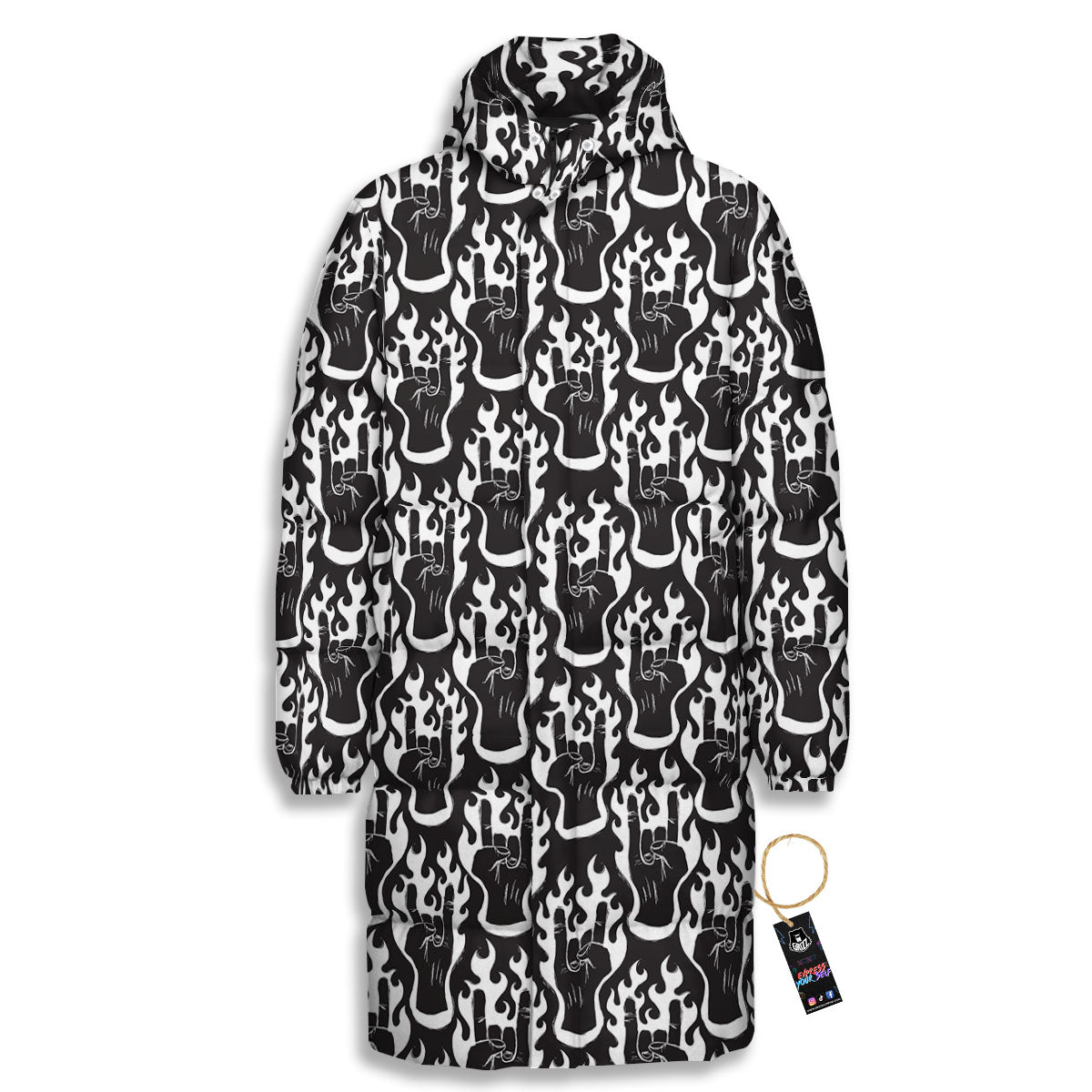 Hand Sign Rock And Roll Print Pattern Long Down Jacket-grizzshop
