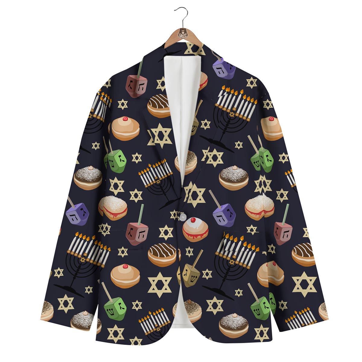 Hanukkah Black Print Pattern Men's Blazer-grizzshop