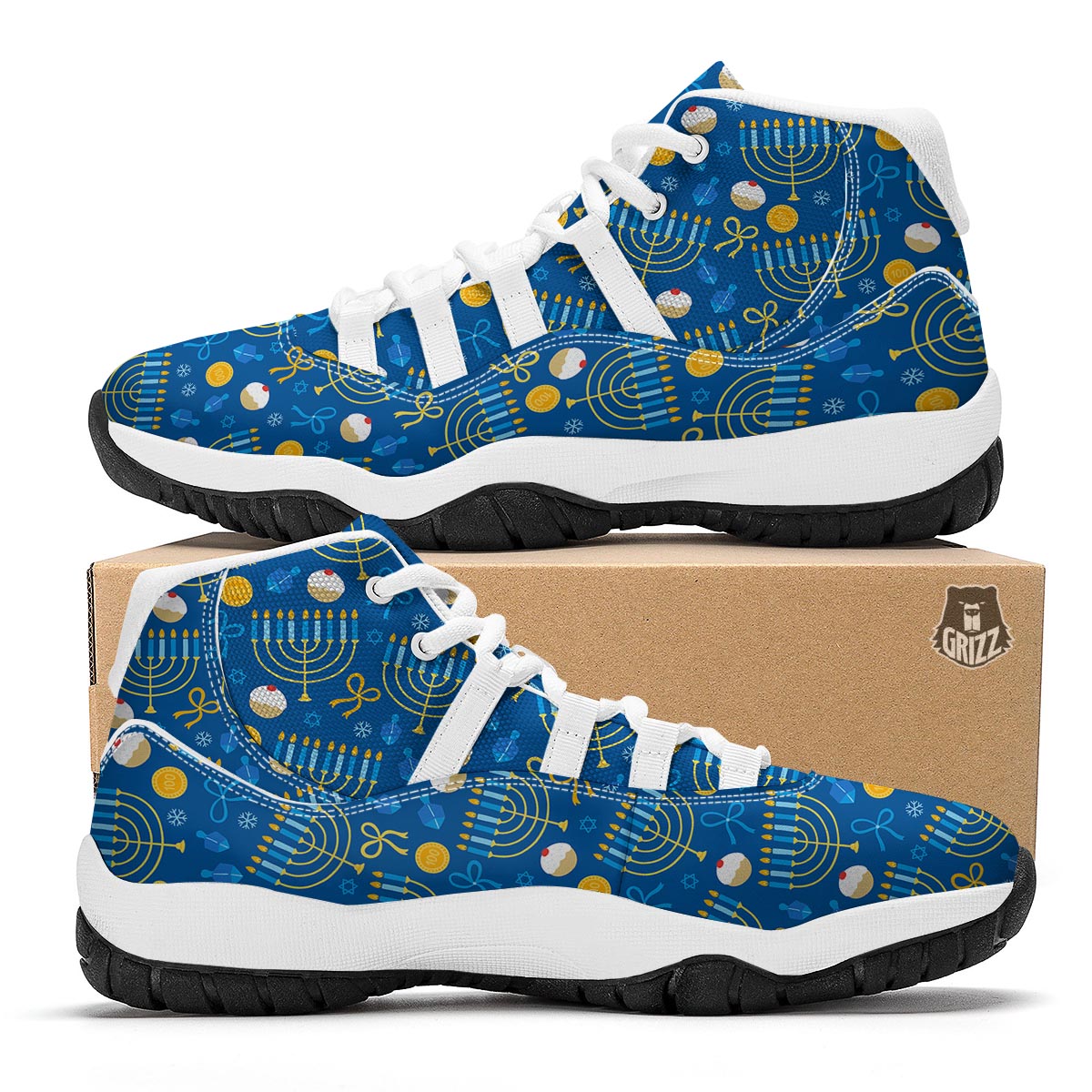 Hanukkah Pattern Print White Bball Shoes-grizzshop