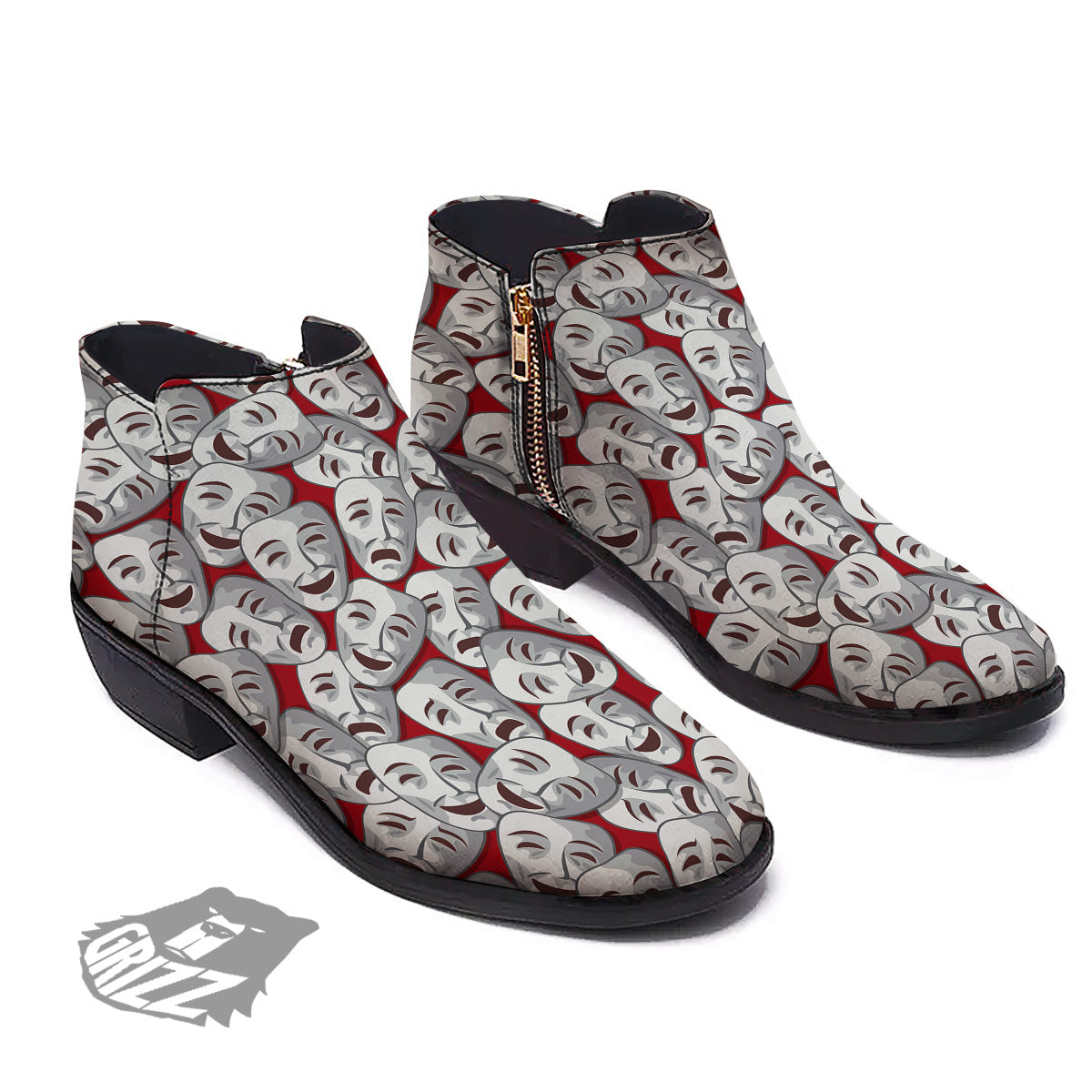 Happy And Sad Theatrical Masks Print Pattern Ankle Boots-grizzshop