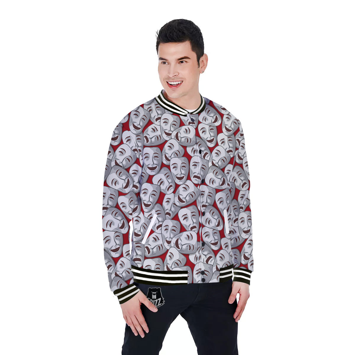 Happy And Sad Theatrical Masks Print Pattern Baseball Jacket-grizzshop