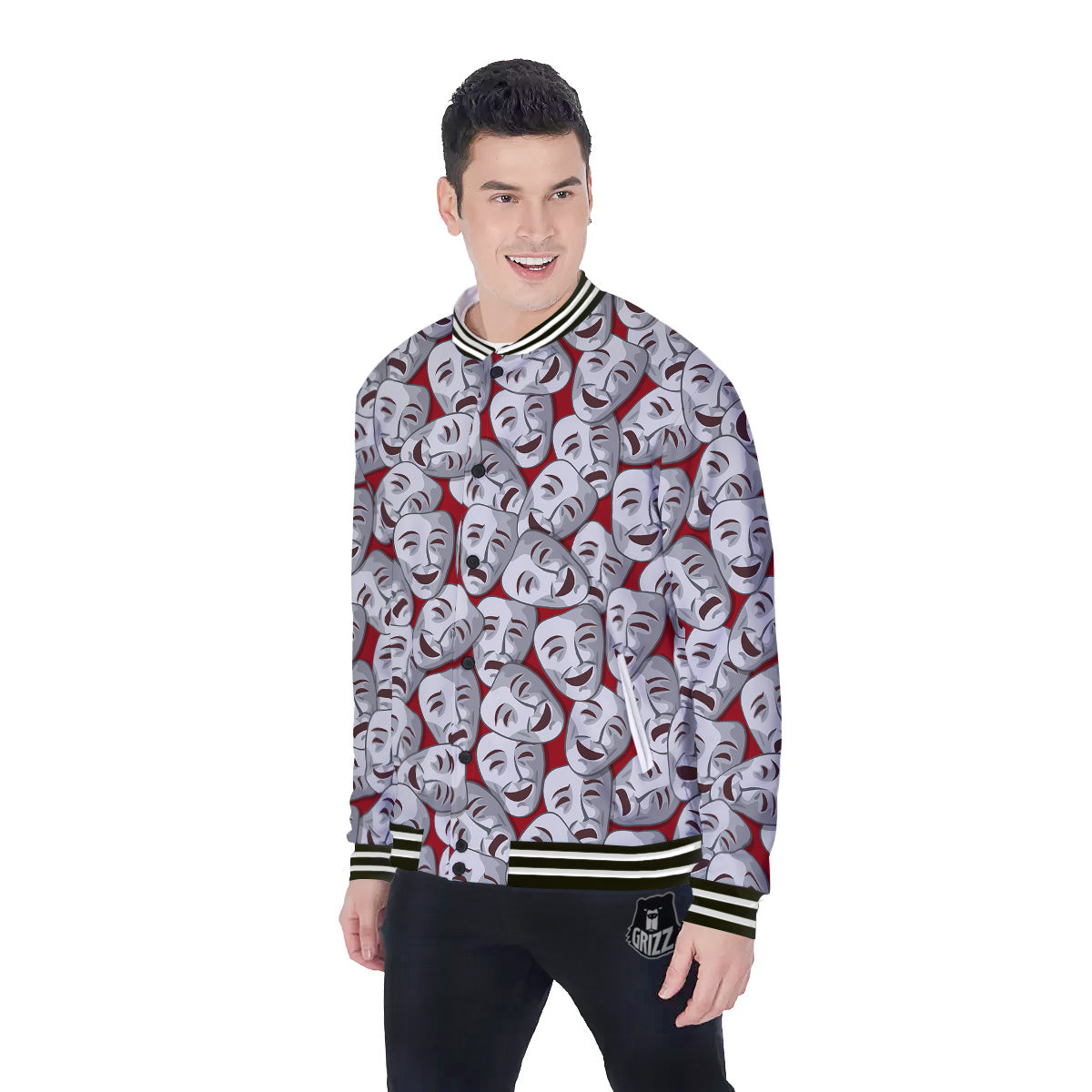 Happy And Sad Theatrical Masks Print Pattern Baseball Jacket-grizzshop