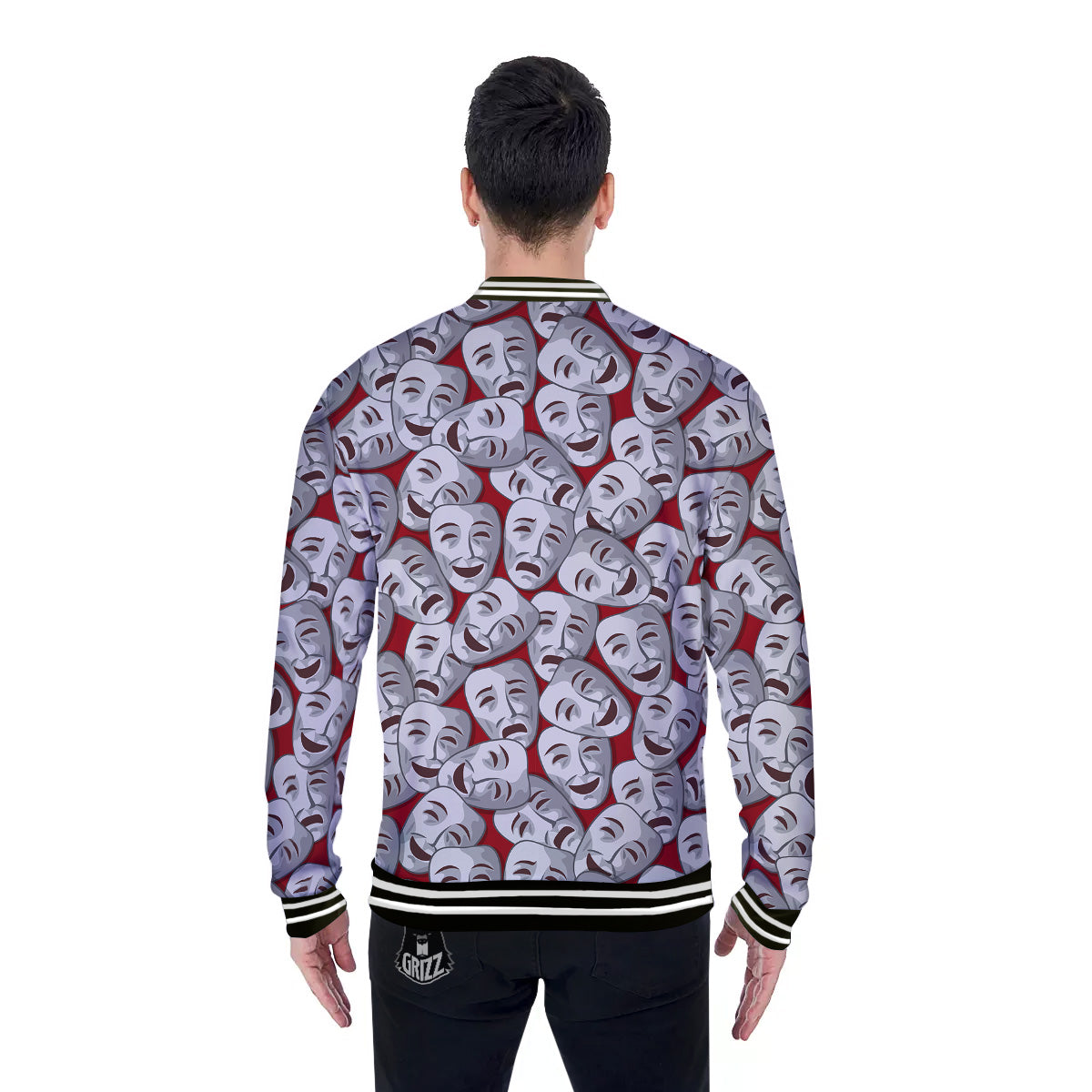 Happy And Sad Theatrical Masks Print Pattern Baseball Jacket-grizzshop