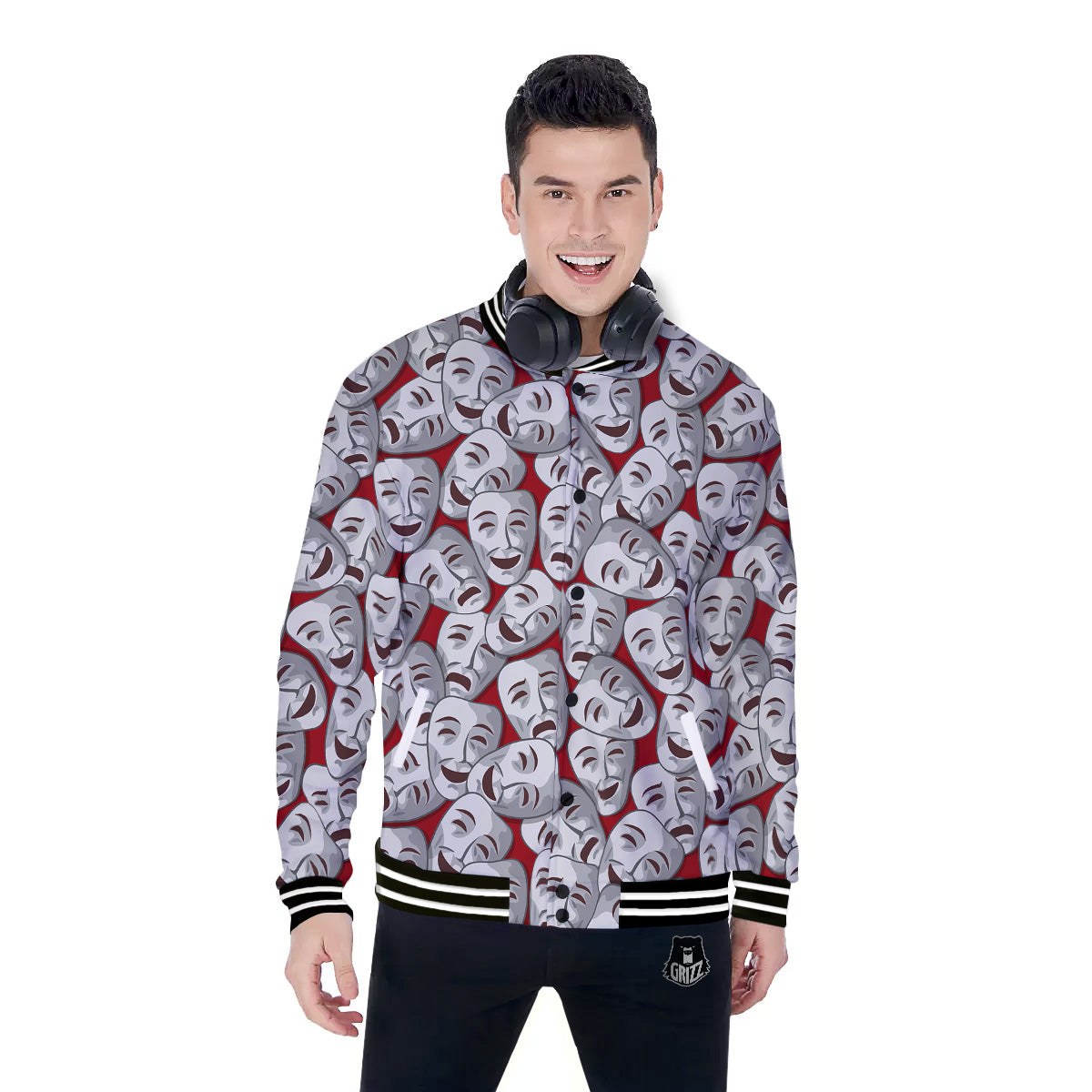 Happy And Sad Theatrical Masks Print Pattern Baseball Jacket-grizzshop