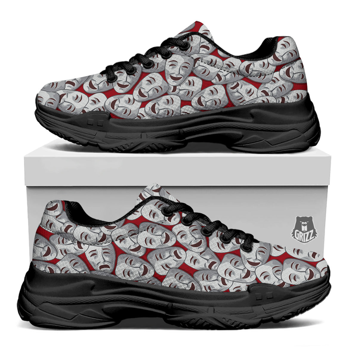 Happy And Sad Theatrical Masks Print Pattern Black Chunky Shoes-grizzshop